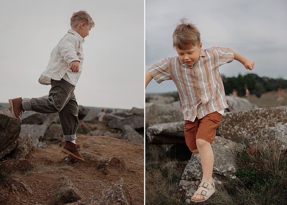 Boys leap from rocks during a relaxed photo session.